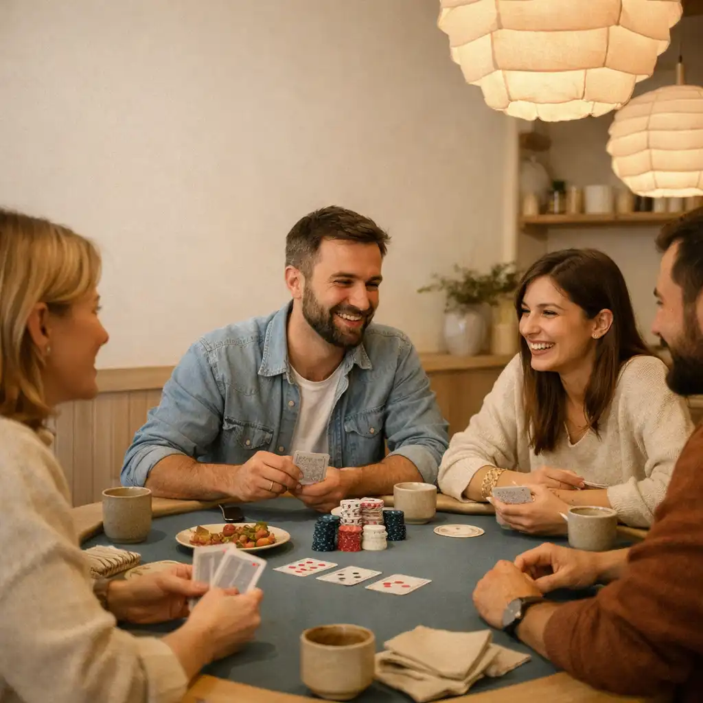 Barátok kezei egy valódi pókerasztal körül, megosztott tányérokkal és kártyákkal a Kitchen Storiess hangulatában